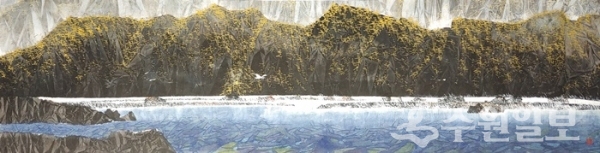 청호산수(靑湖山水), 화선지에 수묵책색(137.0×34.80).2021