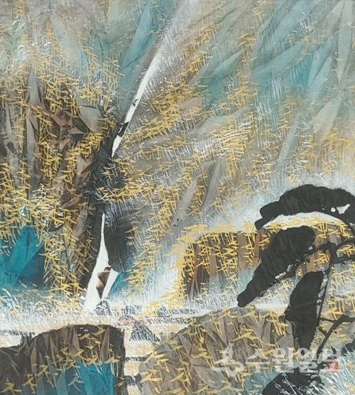 청호산수(靑湖山水), 화선지에 수묵책색(32×35)).2022