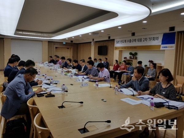 이화순 경기도 행정2부지사가 도 및 산하기관, 전문 유관단체, 기업 등 관계자들과 더불어 ‘반도체 수출규제 대응 2차 TF회의’를 진행하고 있다.(사진=경기도청) 