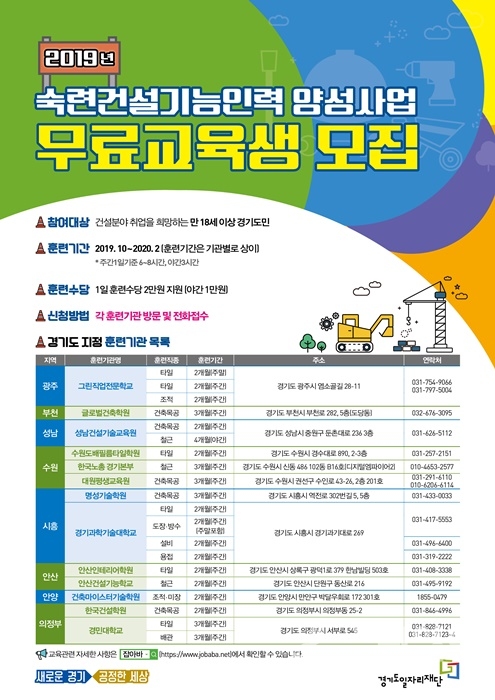 2019 숙련건설기능인력 양성사업 무료교육생 모집 포스터.(사진=경기도청)