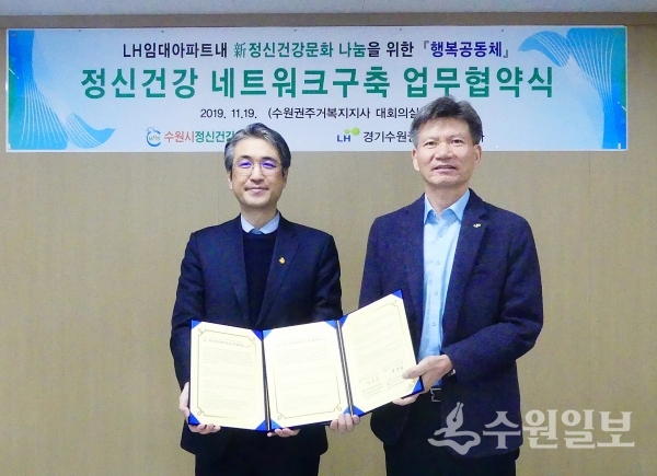 홍창형 수원시정신건강사업단장(왼쪽)과 임용순 LH경기수원권주거복지지사장(오른쪽).(사진=수원시)