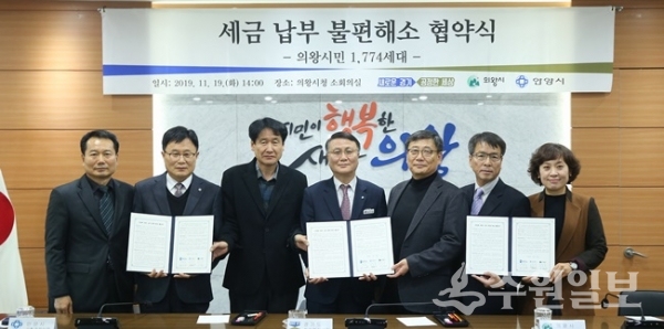 19일  ‘의왕시민 1774세대 세금납부 불편해소 협약식’에서 경기도와 안양시, 의왕시 관계자들이  ‘지방세 부과‧징수권한 위임 협약서’에 공동서명한 뒤 기념촬영을 하고 있다.(사진=경기도)
