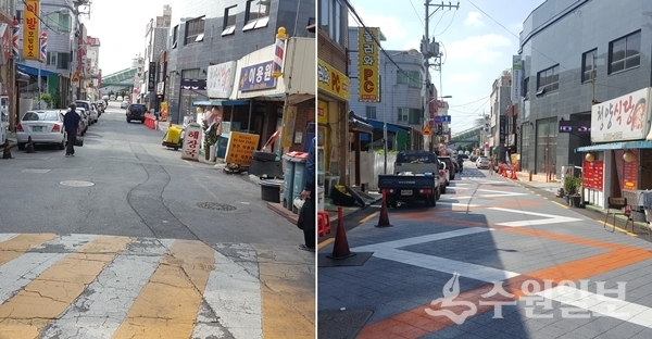 평택시 서정지리역 일원 보행자도 도로 조성 전(왼쪽)과 후.(사진=평택시)