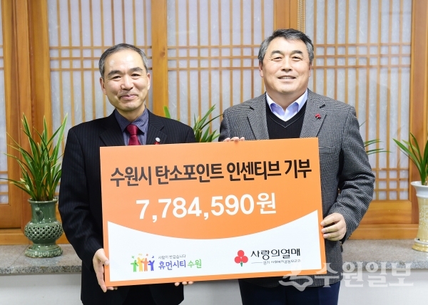 조무영 수원시 제2부시장(왼쪽)이 경기도사회복지공동모금회 관계자에게 성금(인센티브)을 전달하고 기념촬영을 하고 있다.(사진=수원시)