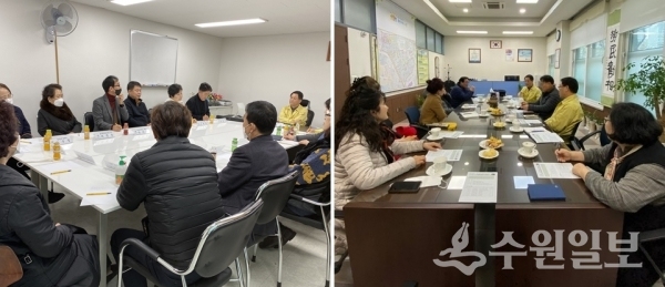 이병규 장안구청장이 정자2동(왼쪽)과 정자3동 주민들과 만나 코로나19와 관련해 논의하고 있다.(사진=장안구)