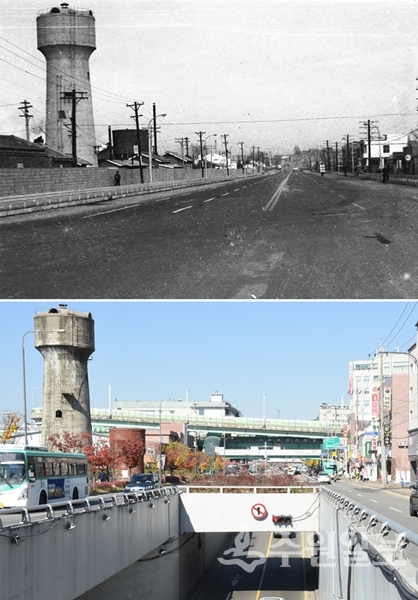 1975년 1월 도로포장 후 수원역 급수탑 모습(위)과 현재모습.(사진=수원시)