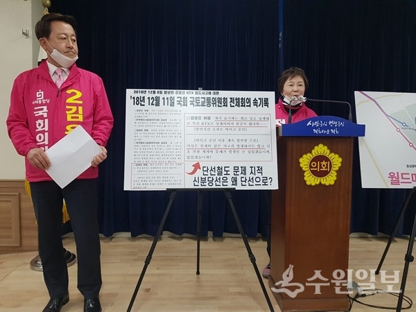 미래통합당의 정미경 후보(오른쪽 수원시 을)와 김용남 후보가 9일 경기도청에서 기자회견을 하고 있다.(사진=수원일보)