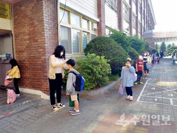 수원의 한 초등학교 학생들이 거리를 두고 열을 잰 뒤 학교 건물로 들어가고 있다.(사진=수원시)