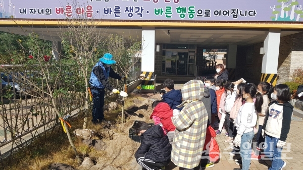 시민단체인 ‘무궁화를 사랑하는 사람들’ 관계자가 다솔초등학교 1학년 학생들에게 무궁화에 바로알기 교육을 하고 있다.(사진=수원시)