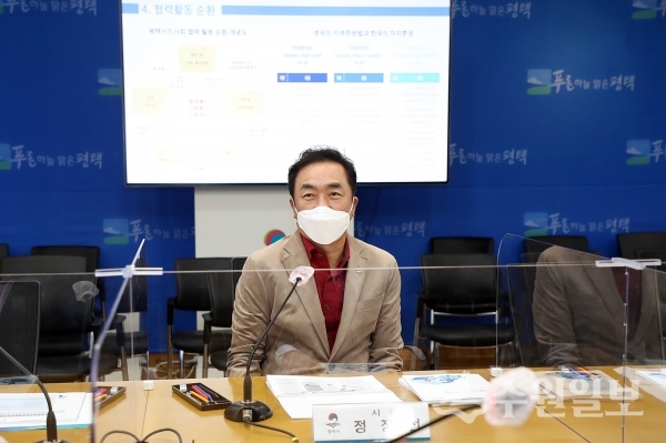 정장선 시장이 용역보고회를 주재하고 있다.(사진=평택시)
