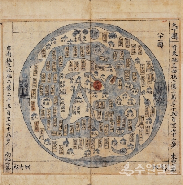 천하도(天下圖). 대동지도(大東地圖)에 수록. 1800년 71×90cm. (사진=국립중앙도서관 소장)