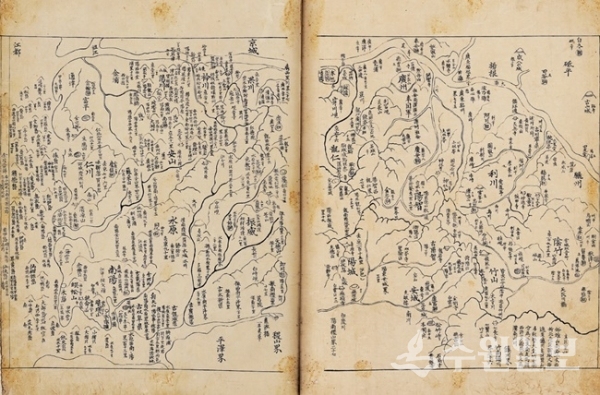 수원지방도(지나조선고지도) 1623년. 28.5 × 31.0 cm. (자료=국립중앙도서관)