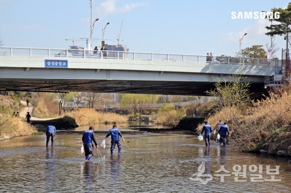 삼성전자 임직원들이 지난 3월 22일 '2021년 세계 물의 날'을 맞아 원천리천 환경 보존을 위한 봉사활동을 펼치고 있다.(사진=삼성전자 홈페이지)