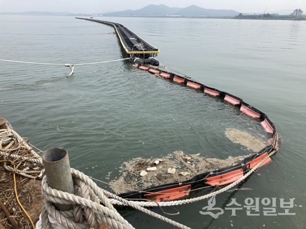 강화군이 한강 하구 지역인 염하수로 가도지구에 설치한 부유쓰레기 차단막. (사진=강화군)