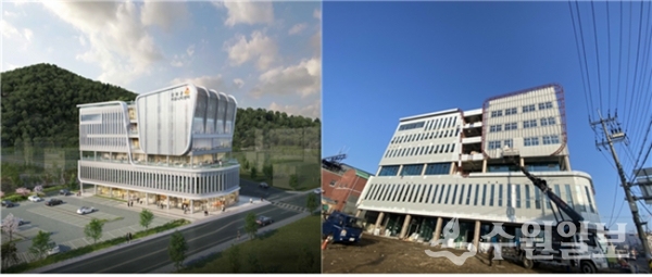 강화군 행복센터 조감도(왼쪽)와 현재 공사가 진행중인 건물 외관 모습.