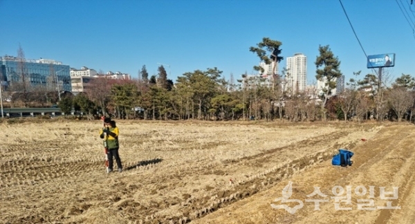 기흥구 관계자가 경계측량을 하고 있다.(사진=용인시)