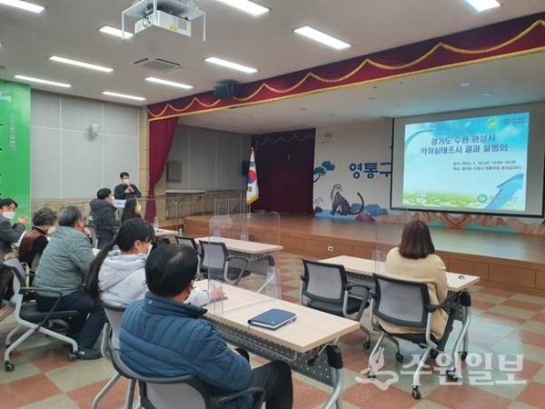 한국환경공단 관계자가 19일 악취실태조사 결과를 설명하고 있다. (사진=수원시)