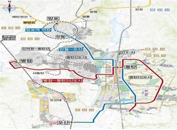 망포~동탄~오산을 연결하는 도시철도 '트램' 노선도(사진=오산시)