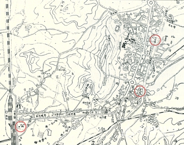 1955년 당시 수원의 주요 시장분포도, 북수동의 가축시장, 성밖의 영동시장, 매산시장이 표기되어있다. (자료=수원시사)