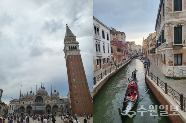 산마르코광장(왼쪽)과 베네치아본섬 골목에서 마주하는 흔한 모습.(사진=수원일보)