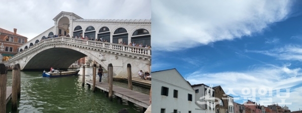 베네치아 명물 중 하나인 리알토다리(왼쪽)와 바닷길서 바라본 베네치아.(사진=수원일보)