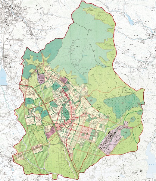 1986년 12월 3일자 수원시도시계획. 2001년에서 2010년에 해당하는 개발계획이 담겨있는 도면이다. 동수원 중심상업지구와 매탄동택지개발지구가 주거지역으로 표시돼 있다. (자료=수원시)