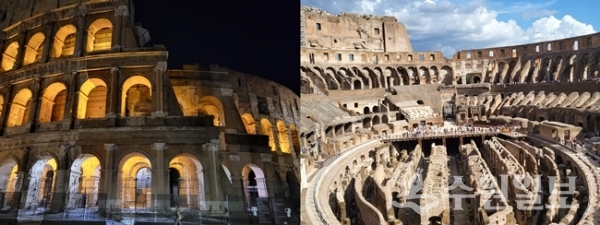 이탈리아 로마의 콜로세움 야경(왼쪽)과 내부 모습.(사진=수원일보)