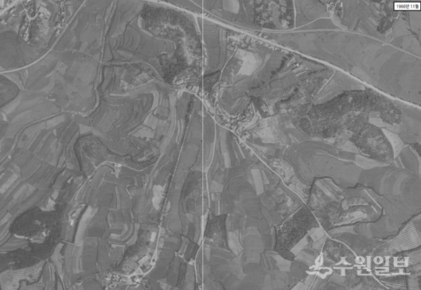 1961년 11월 항공사진. 3곳의 숲과 가운데로 송신소 진입도로가 보인다. (사진=수원시항공사진서비스)