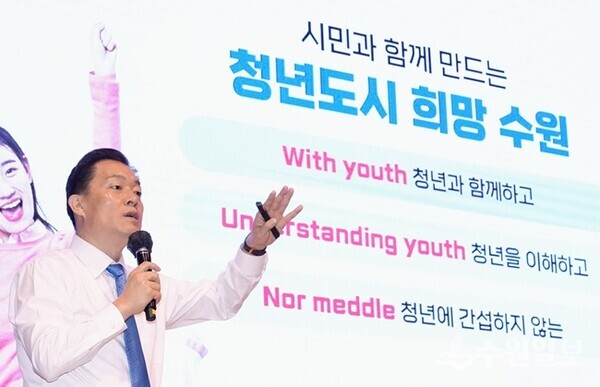 이재준 수원시장이 아주대학교 입학식에서 청년 정책을 설명하고 있다. (사진=수원시)