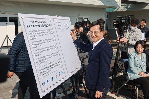 김동연 경기도지사가 동인선 전구간 조기착공을 위한 공동건의문에 서명을 하고 있다.(사진=경기도)