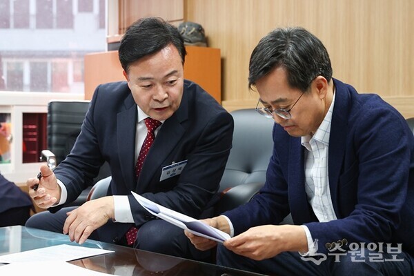 김성제 의왕시장(왼쪽)이 김동연 지사와 면담을 가지면서 현안사항에 대한 지원을 건의하고 있다. (사진=의왕시)