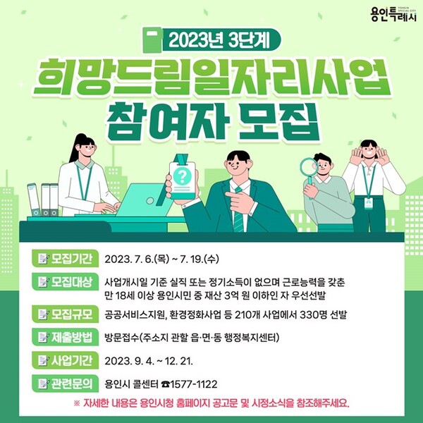용인시가 6일부터 19일까지 '2023년 3단계 희망드림 일자리' 사업 참여자를 모집한다. 사진은 관련 포스터.(사진=용인시)