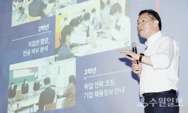 이재준 수원특례시장이 지난 3월27일 한봄고에서 직업계고 학생들을 위한 특강을 하고 있다.(사진=수원시)
