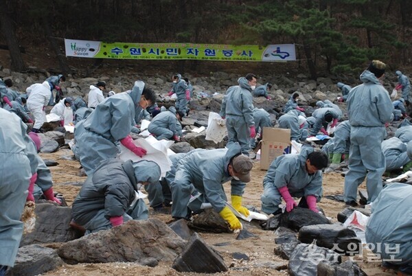 지난 2007년 태안 기름 유출 사고 현장에서 수원시 자원봉사자들이 기름을 닦아내고 있다.(사진=수원시)