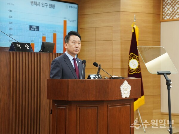 강정구 의원이 제244회 임시회 제2차 본회의에서 7분 자유발언을 하고 있다. (사진=평택시의회)