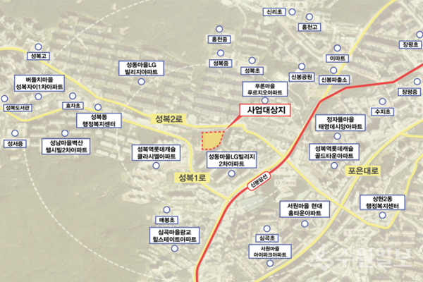 용인시가 복합문화센터 건립을 진행중인 수지구 성복동 177번지 일원 사업대상지 지도. 
