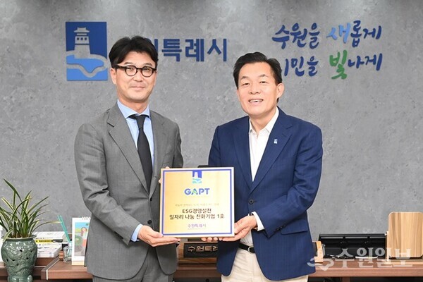 이재준 수원시장(오른쪽)과 김은학 ㈜갭텍 대표가 협약 후 기념촬영을 하고 있다. (사진=수원시)