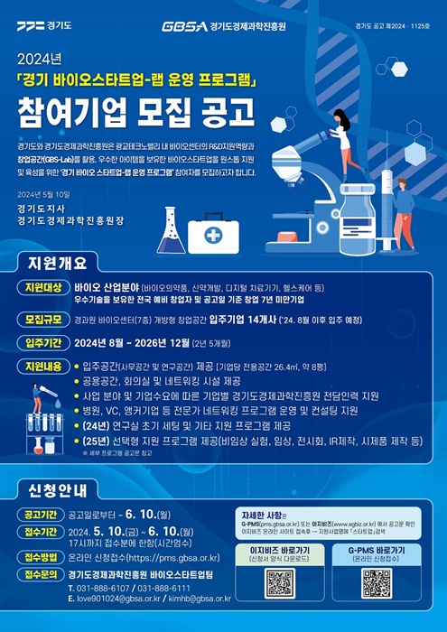 경기 바이오 스타트업 랩 운영 프로그램 참여기업 모집 홍보 포스터.