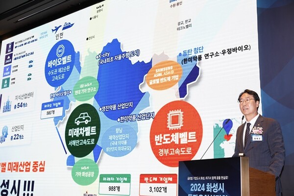 정명근 화성시장이 서울 서초구 엘타워에서 가진 기업 투자유치 설명회에서 기업하기 좋은 화성시의 우수성에 대해 설명을 하고 있다. (사진=화성시)