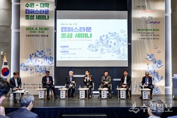 지난 4월 ‘수원-대학 캠퍼스타운 조성 세미나’에서 이재준 시장과 5개 대학 총장 등 관계자들이 패널토의를 진행하고 있다.(사진=수원시)