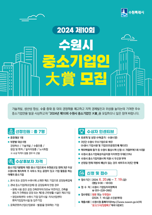 '제10회 수원시 중소기업인 大賞(대상)' 후보자 공모 홍보물.