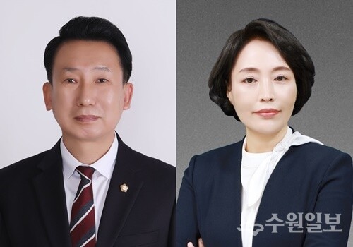 제9대 평택시의회 강정구 의장(왼쪽)과 김명숙 부의장.   