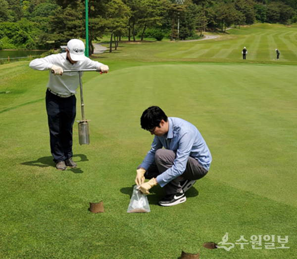경기도보건환경연구원 관계자가 도내 한 골프장에서 농약 잔류량 검사를 위한 시료를 채취하고 있다. (사진=경기도보건환경연구원)