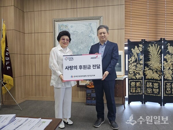 김은수 건협 경기도지부 전략사업부장(오른쪽)이 이금자 경기도여성단체협의회장에게 후원금을 전달하고 있다. (사진=건협 경기도지부)