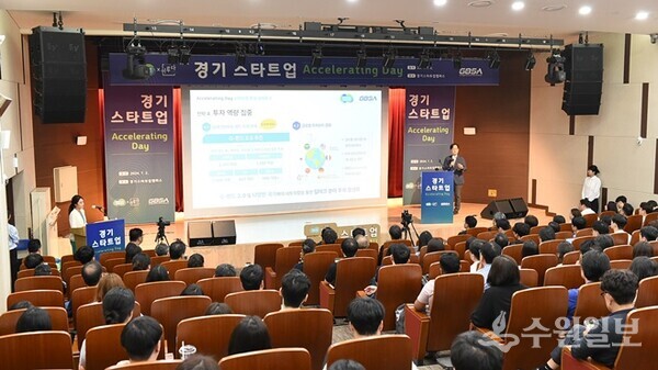 2일 판교 스타트업캠퍼스에서 열린 ‘경기 스타트업 Acclearting Day’에서 강성천 경과원장이 민선 8기 전반기 스타트업 육성 성과를 발표하고 있다. (사진=경과원)