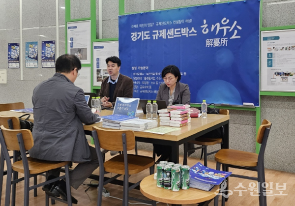 경기도 규제샌드박스 해우소에서 중소기업이 전문가와 1:1 맞춤형 컨설팅을 하고 있다. (사진=경과원)