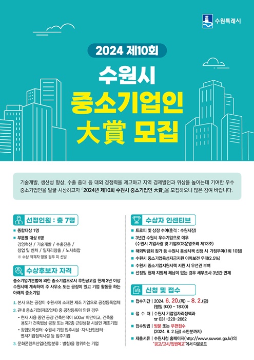 '제10회 수원시 중소기업인 대상 공개모집' 포스터.