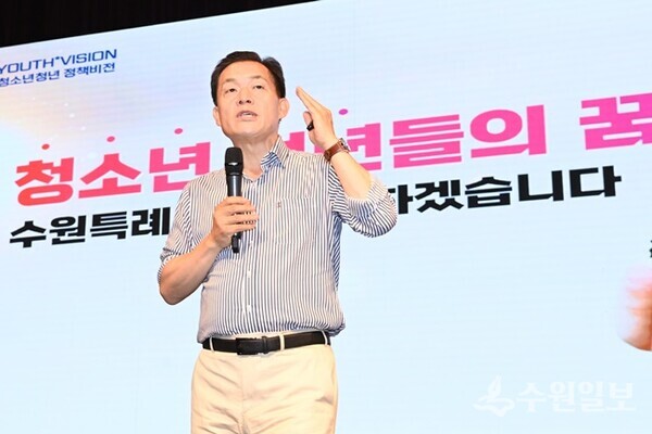 지난해 7월 수원시청소년청년재단 비전 선포식에서 이재준 수원시장이 수원시 청소년청년 정책을 발표하고 있다.(사진=수원시)