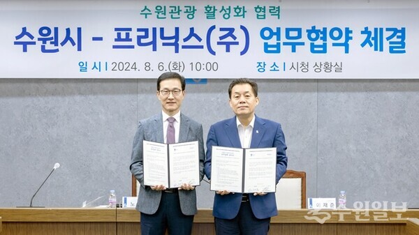 이재준 수원시장(오른쪽)과 노광호 프리닉스(주) 대표가 협약식 후 기념촬영을 하고 있다.(사진=수원시)
