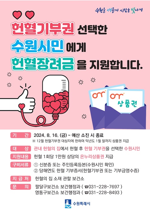 수원시 팔달구·영통구보건소 ‘헌혈장려금 지원사업’ 홍보 포스터.